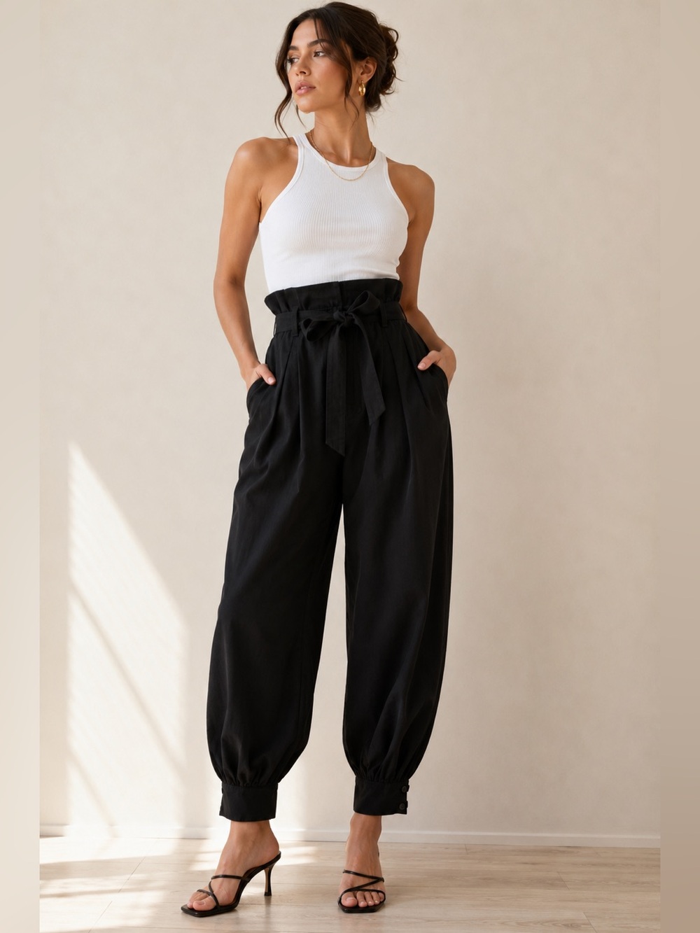 Express Black Super High Paper Bag Waist Belt Tie Tapered Pants EUC 14 #2738 - Picture 11 of 11